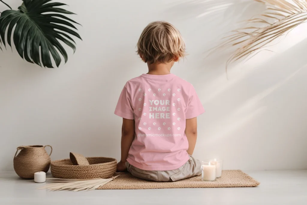 Boy Wearing Pink T-shirt Mockup Back View Template