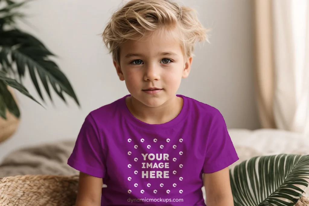 Boy Wearing Purple T-shirt Mockup Front View Template