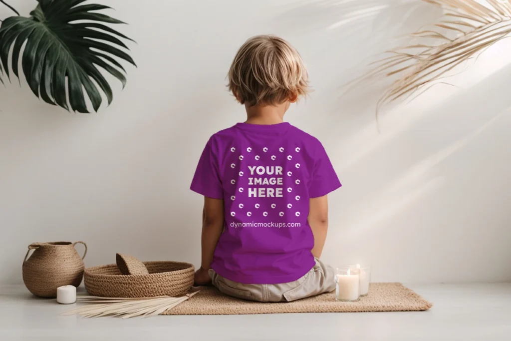 Boy Wearing Purple T-shirt Mockup Back View Template