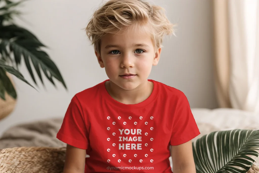 Boy Wearing Red T-shirt Mockup Front View Template