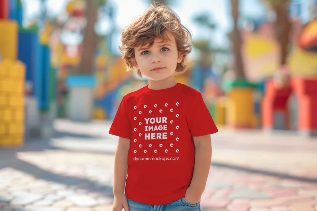 Boy Wearing Red T-shirt Mockup Front View Template