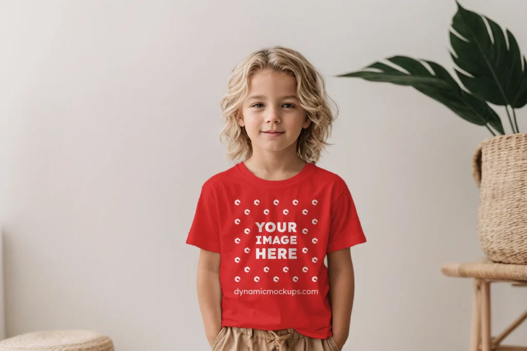 Boy Wearing Red T-shirt Mockup Front View Template