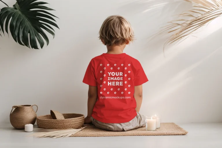 Boy Wearing Red T-shirt Mockup Back View Template