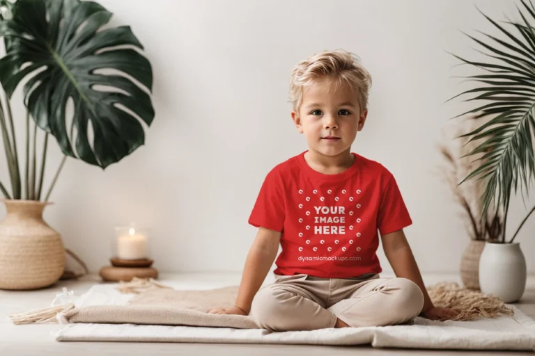 Boy Wearing Red T-shirt Mockup Front View Template