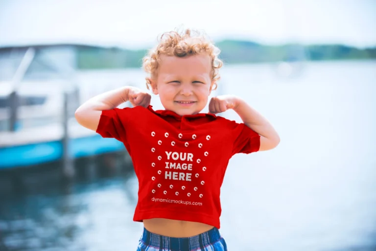 Boy Wearing Red T-shirt Mockup Front View Template