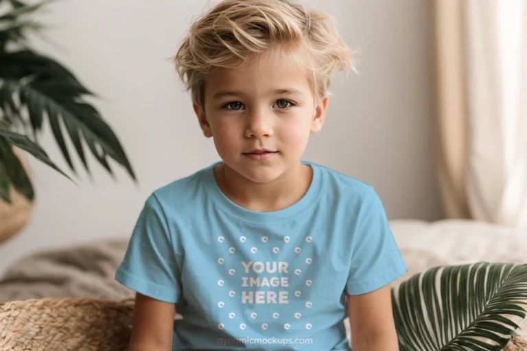 Boy Wearing Sky Blue T-shirt Mockup Front View Template