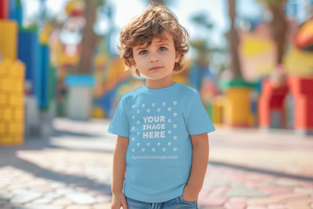 Boy Wearing Sky Blue T-shirt Mockup Front View Template