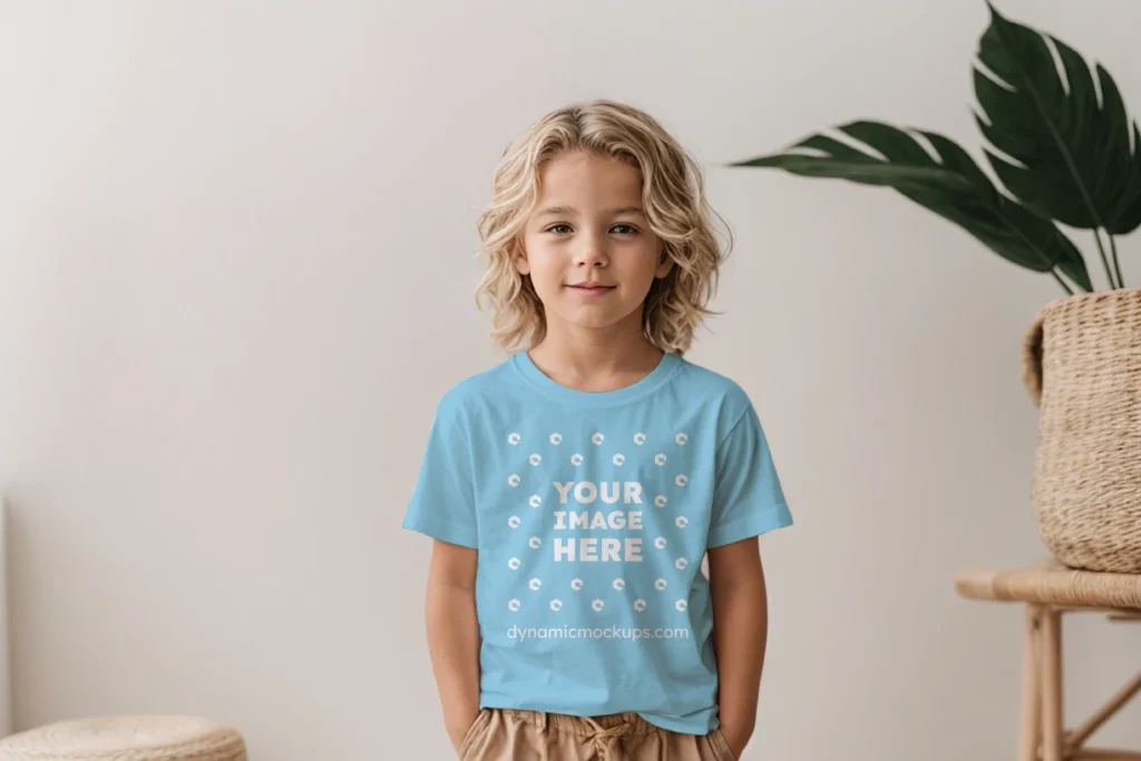 Boy Wearing Sky Blue T-shirt Mockup Front View Template