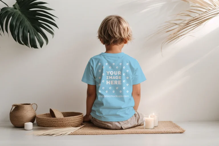 Boy Wearing Sky Blue T-shirt Mockup Back View Template