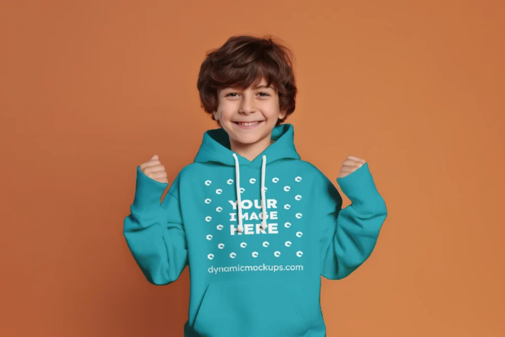 Boy Wearing Teal Hoodie Mockup Front View Template