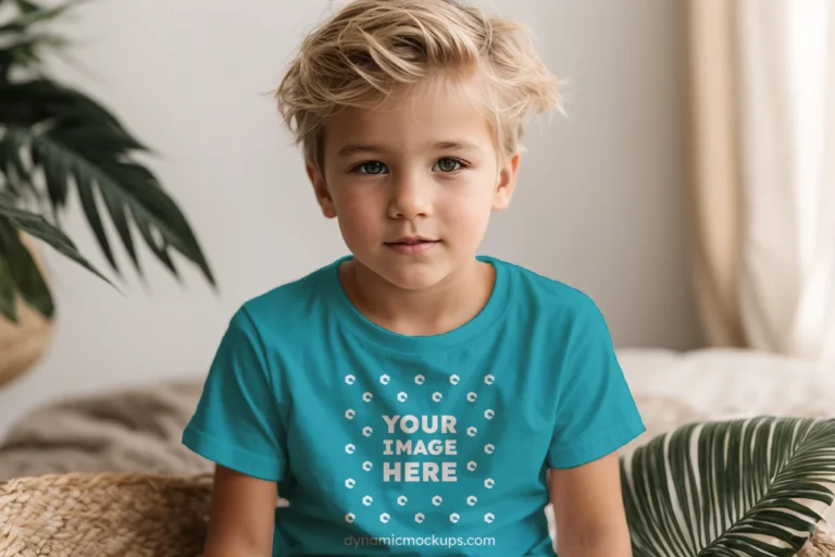 Boy Wearing Teal T-shirt Mockup Front View Template