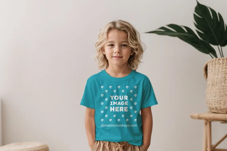 Boy Wearing Teal T-shirt Mockup Front View Template