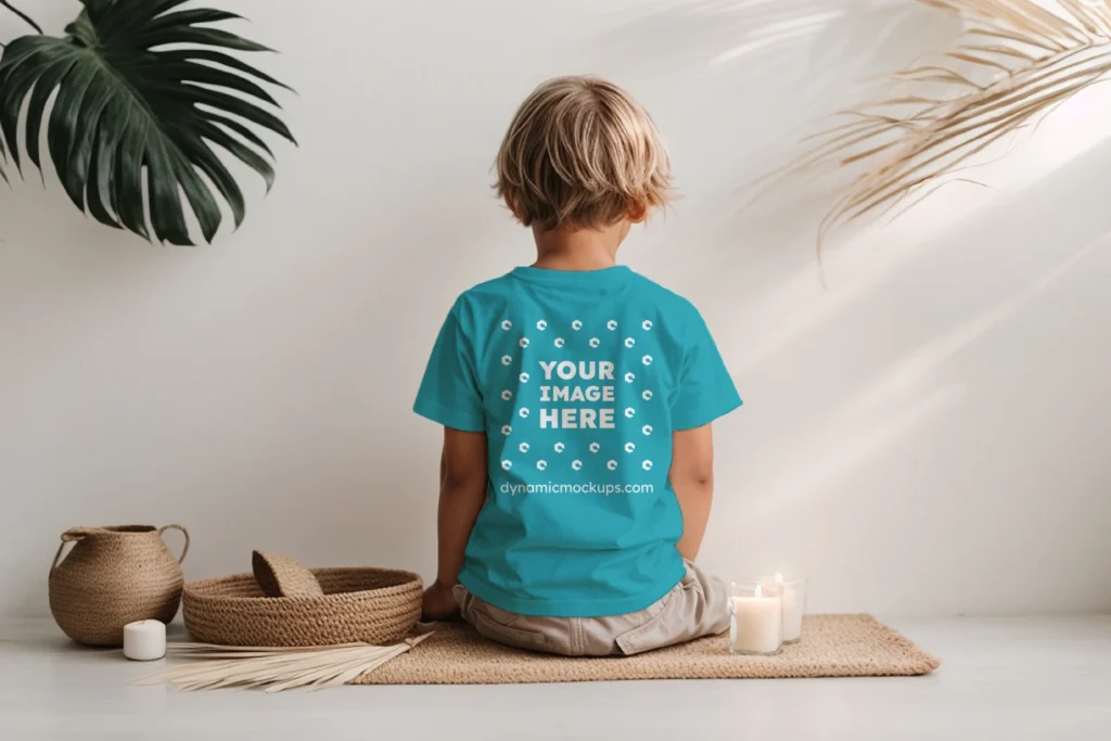 Boy Wearing Teal T-shirt Mockup Back View Template