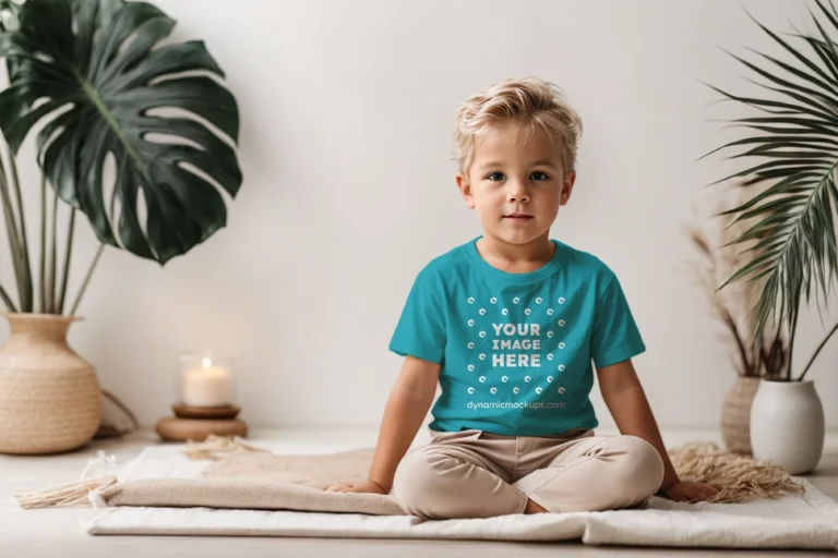 Boy Wearing Teal T-shirt Mockup Front View Template