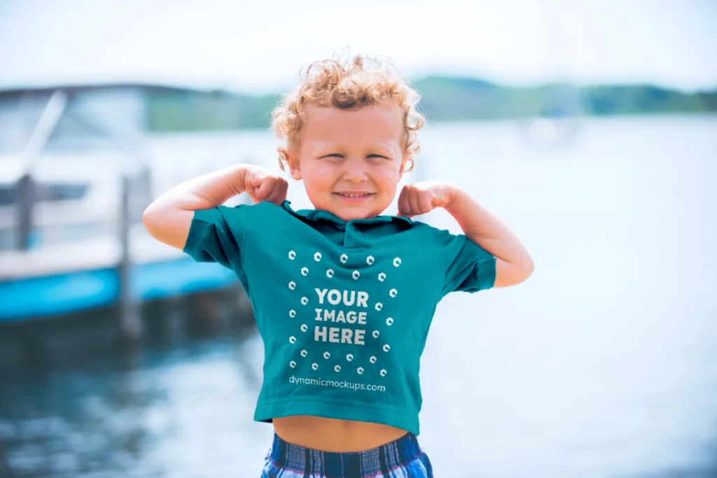 Boy Wearing Teal T-shirt Mockup Front View Template