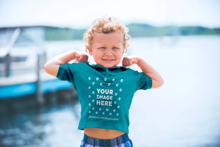 Boy Wearing Teal T-shirt Mockup Front View Template