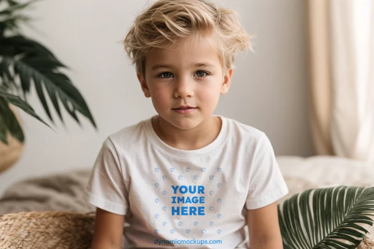 Boy Wearing White T-shirt Mockup Front View Template