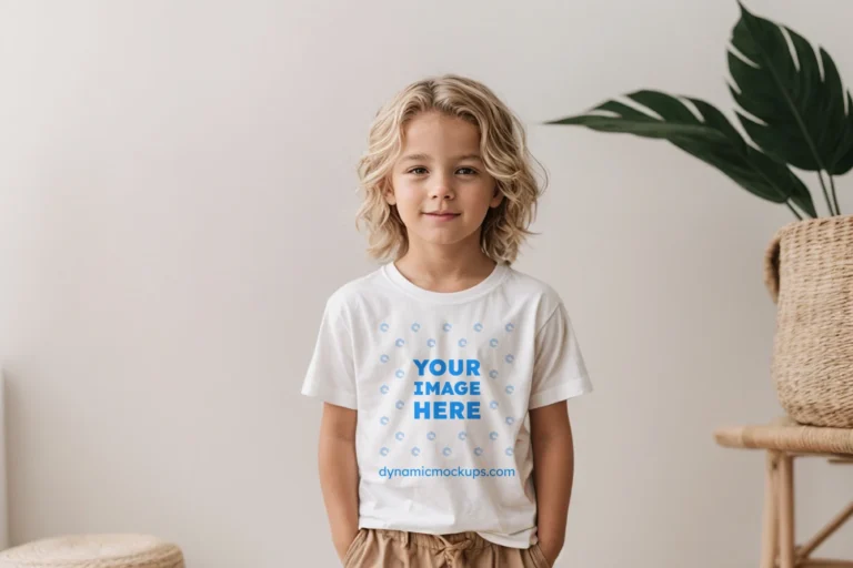 Boy Wearing White T-shirt Mockup Front View Template