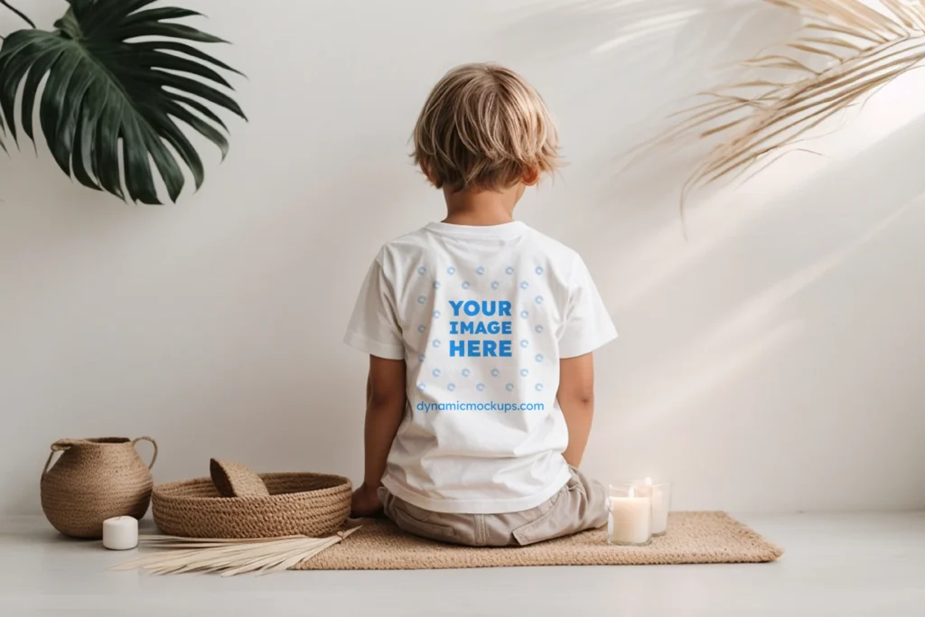 Boy Wearing White T-shirt Mockup Back View Template