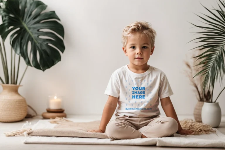 Boy Wearing White T-shirt Mockup Front View Template