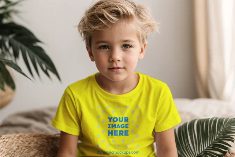 Boy Wearing Yellow T-shirt Mockup Front View Template