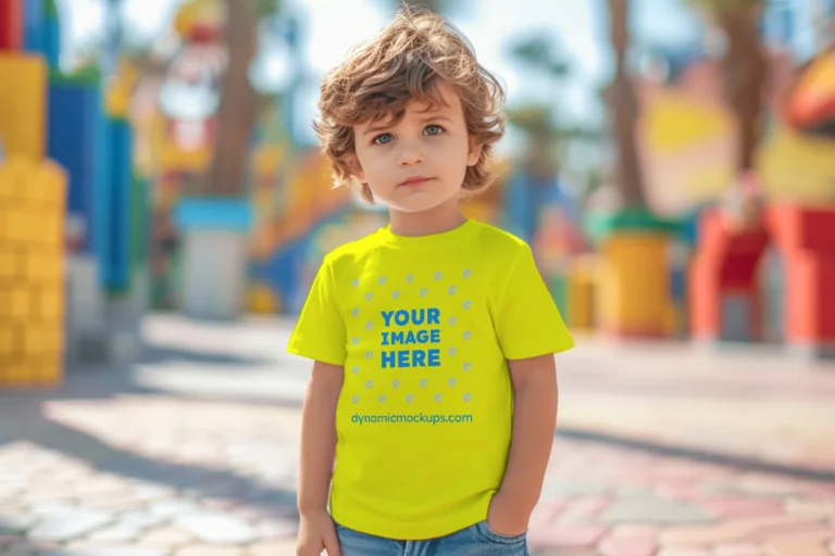 Boy Wearing Yellow T-shirt Mockup Front View Template