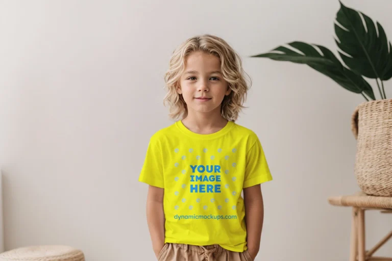 Boy Wearing Yellow T-shirt Mockup Front View Template