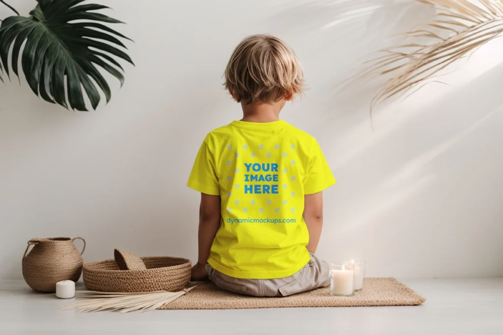 Boy Wearing Yellow T-shirt Mockup Back View Template