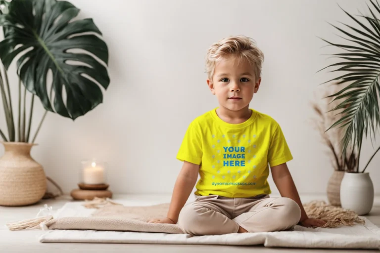 Boy Wearing Yellow T-shirt Mockup Front View Template