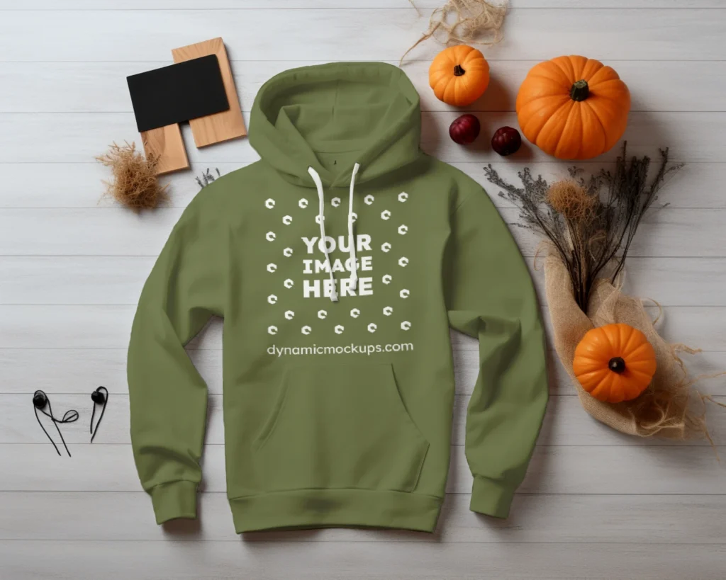 Flat Lay Olive Green Hoodie Mockup Front View Template