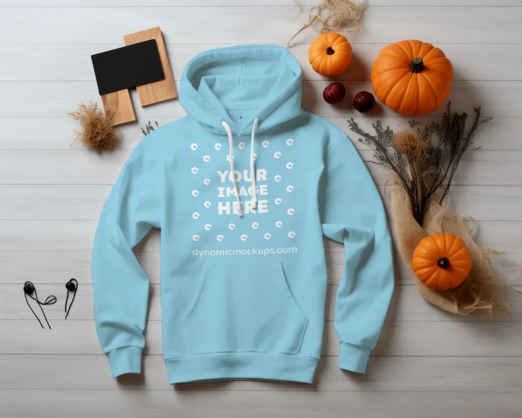 Flat Lay Sky Blue Hoodie Mockup Front View Template