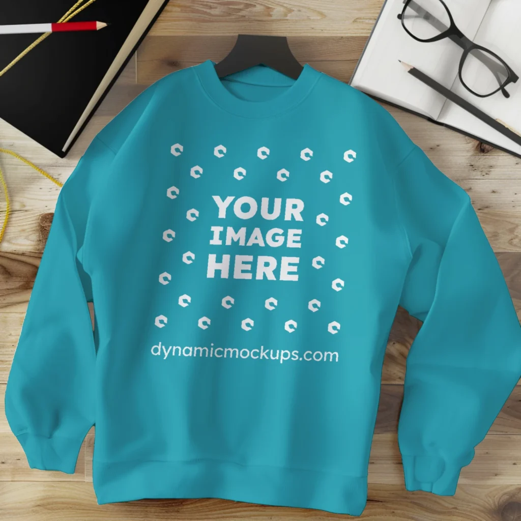 Flat Lay Teal Sweatshirt Mockup Front View Template