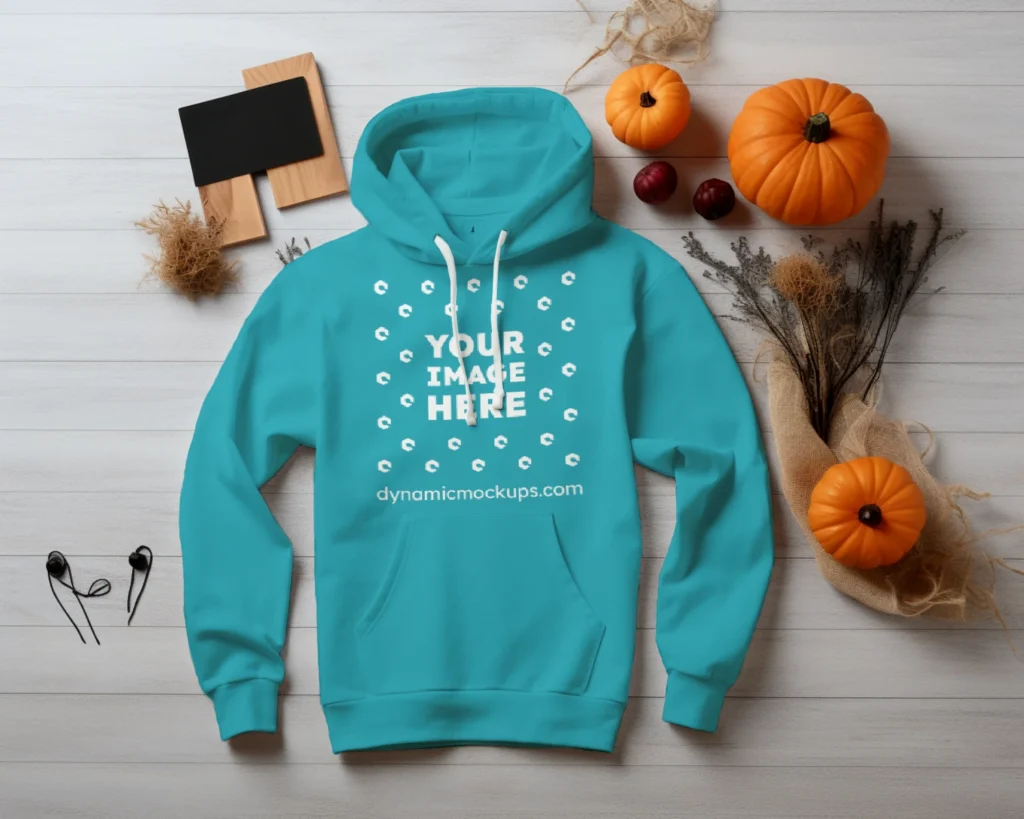 Flat Lay Teal Hoodie Mockup Front View Template