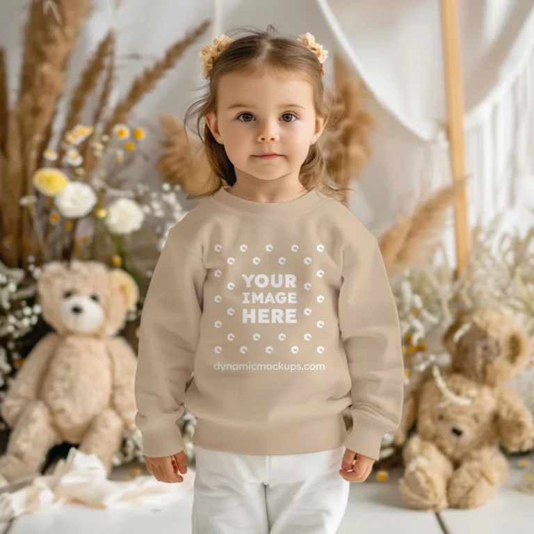 Girl Wearing Beige Sweatshirt Mockup Front View Template