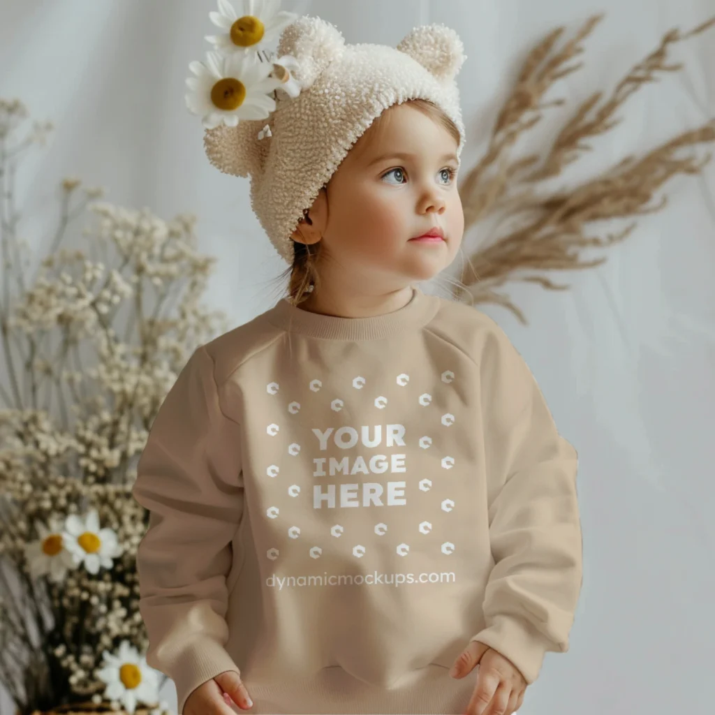 Girl Wearing Beige Sweatshirt Mockup Front View Template