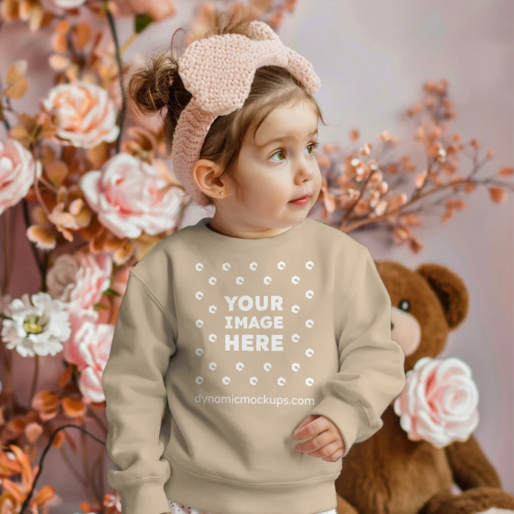 Girl Wearing Beige Sweatshirt Mockup Front View Template