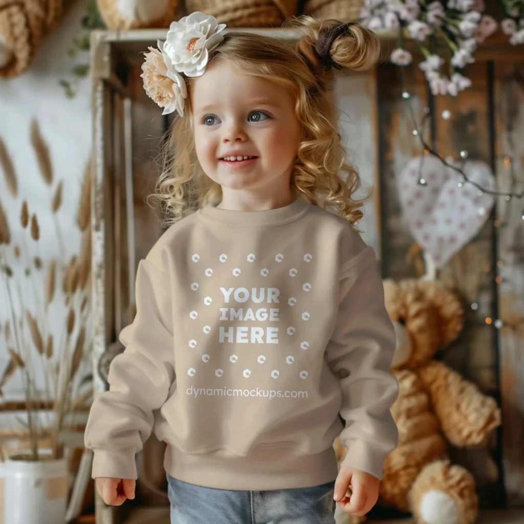 Girl Wearing Beige Sweatshirt Mockup Front View Template