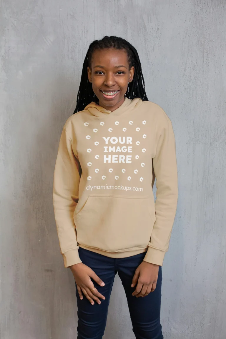 Girl Wearing Beige Hoodie Mockup Front View Template