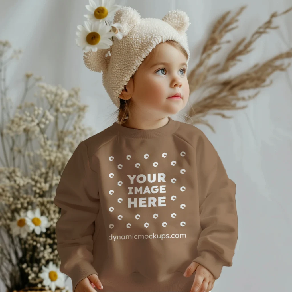 Girl Wearing Brown Sweatshirt Mockup Front View Template