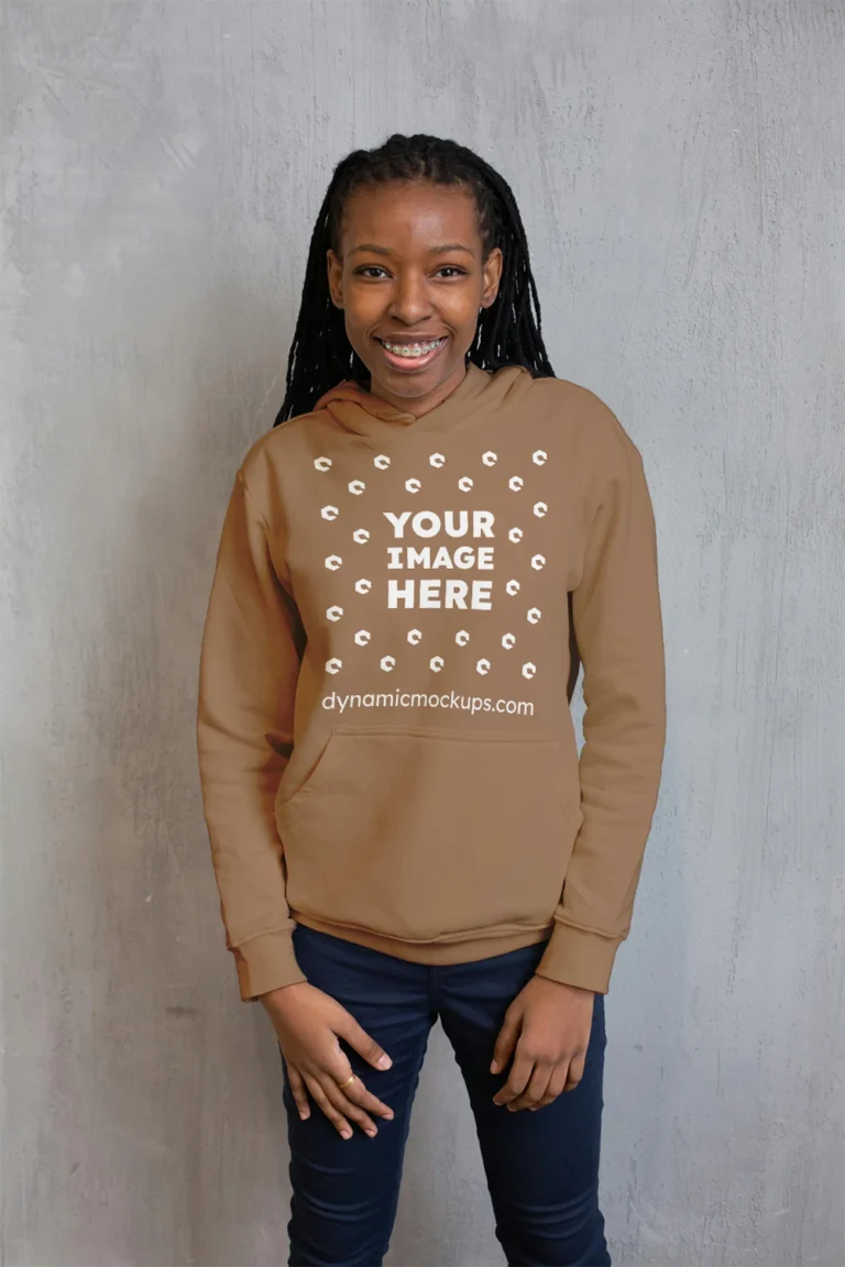 Girl Wearing Brown Hoodie Mockup Front View Template