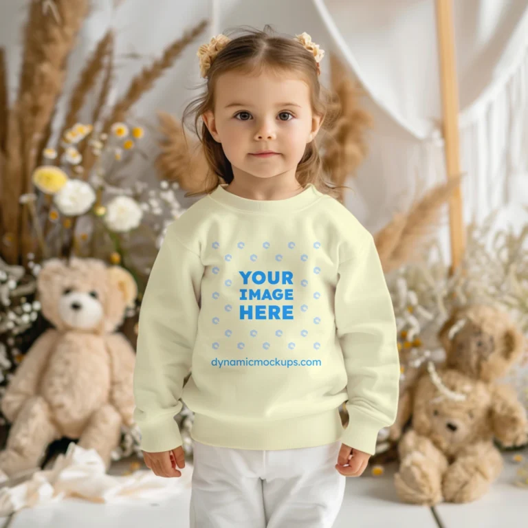 Girl Wearing Cream Sweatshirt Mockup Front View Template