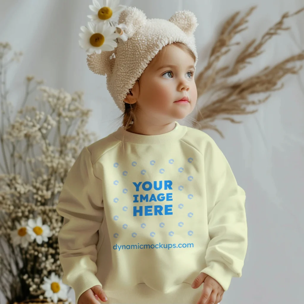 Girl Wearing Cream Sweatshirt Mockup Front View Template