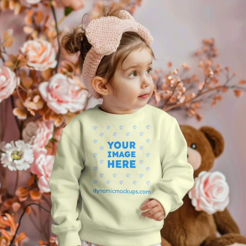 Girl Wearing Cream Sweatshirt Mockup Front View Template