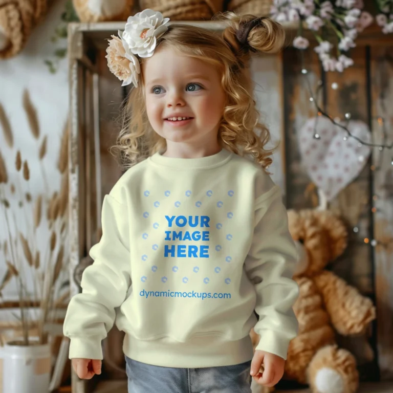 Girl Wearing Cream Sweatshirt Mockup Front View Template