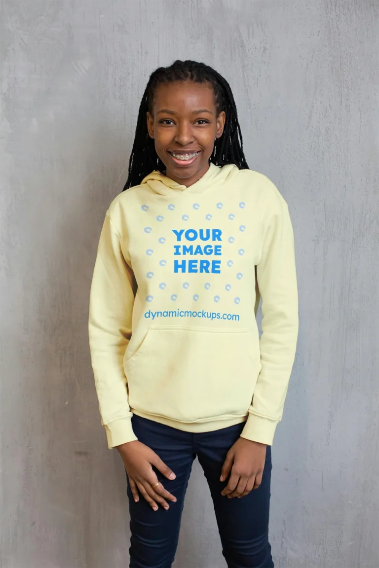 Girl Wearing Cream Hoodie Mockup Front View Template