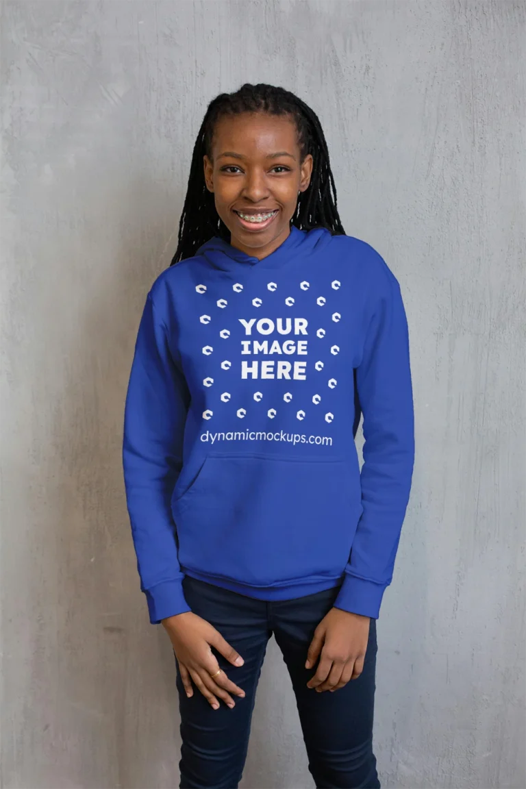 Girl Wearing Dark Blue Hoodie Mockup Front View Template