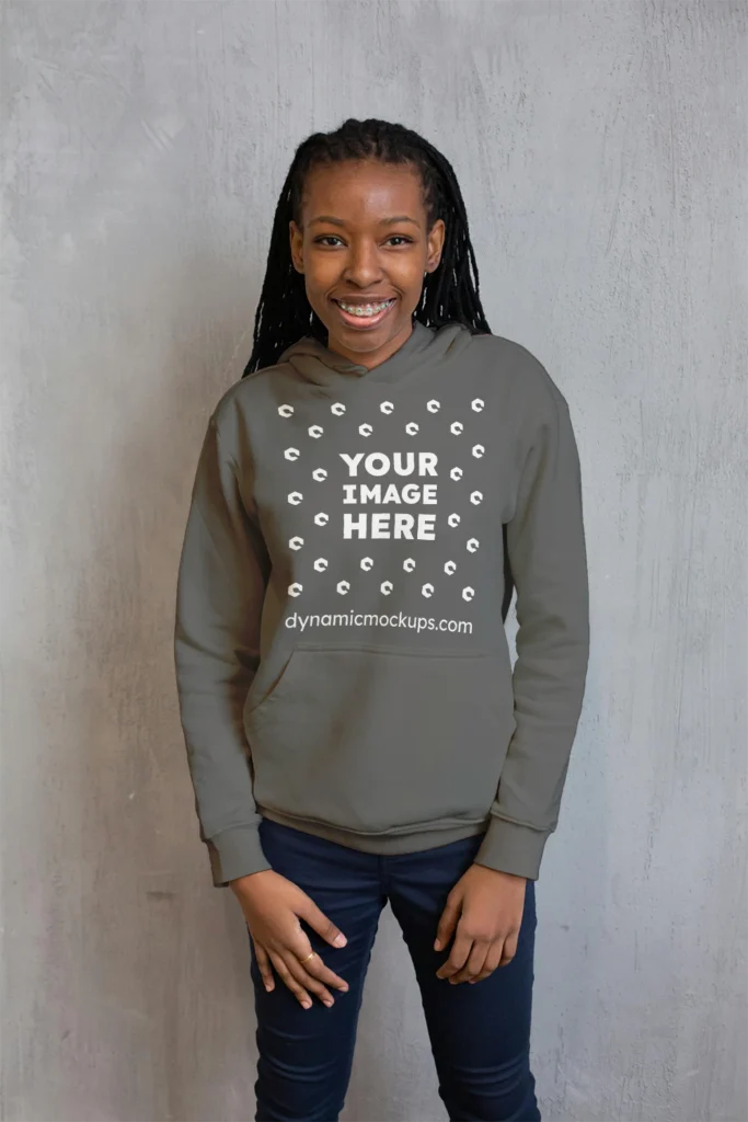 Girl Wearing Dark Gray Hoodie Mockup Front View Template