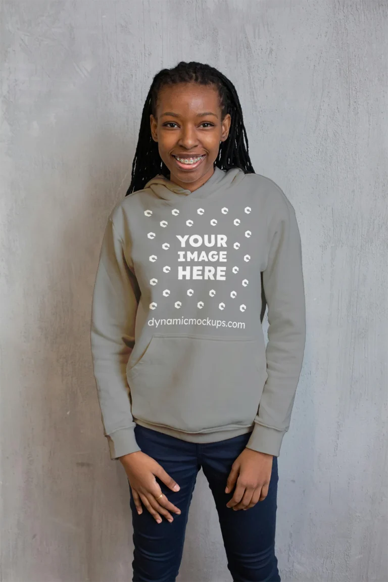 Girl Wearing Gray Hoodie Mockup Front View Template