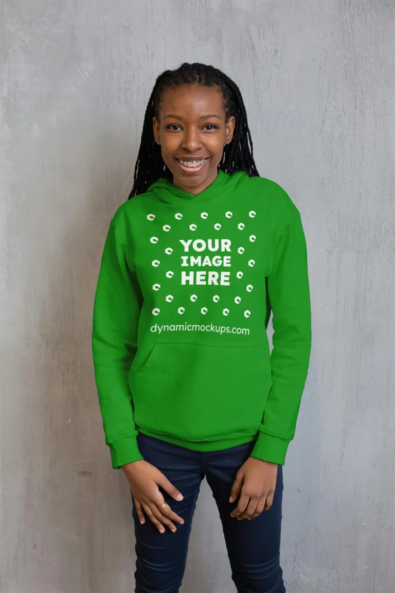 Girl Wearing Green Hoodie Mockup Front View Template