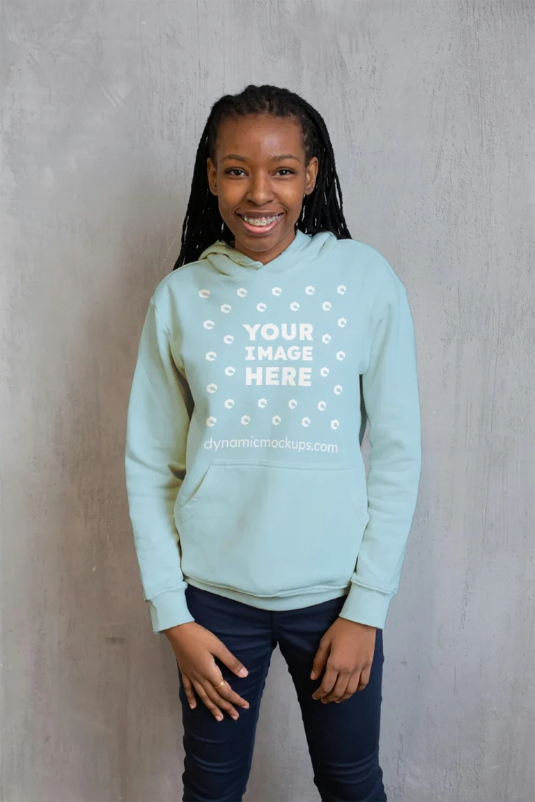 Girl Wearing Light Blue Hoodie Mockup Front View Template